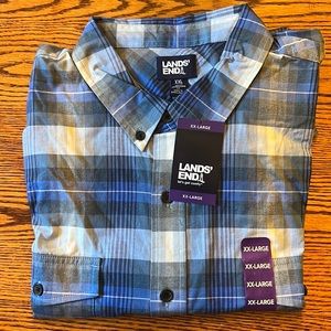 NWT Lands End Mens Button Down Blue Plaid Long Sleeve Shirt- XXL